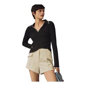 Anthropologie Maeve NWT Long Sleeve Scallop Black Polo Ribbed Top
